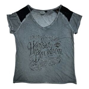 Harley Davidson Gray & Black Lace Shoulder T-Shirt Size XL Women